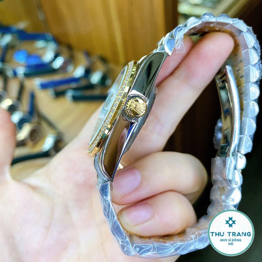 Đồng hồ Nam Rolex máy nhật, mẫu classic, mặt đen viền vàng đính đá dây kim loại, dòng cơ Automatic size 39mm-40mm