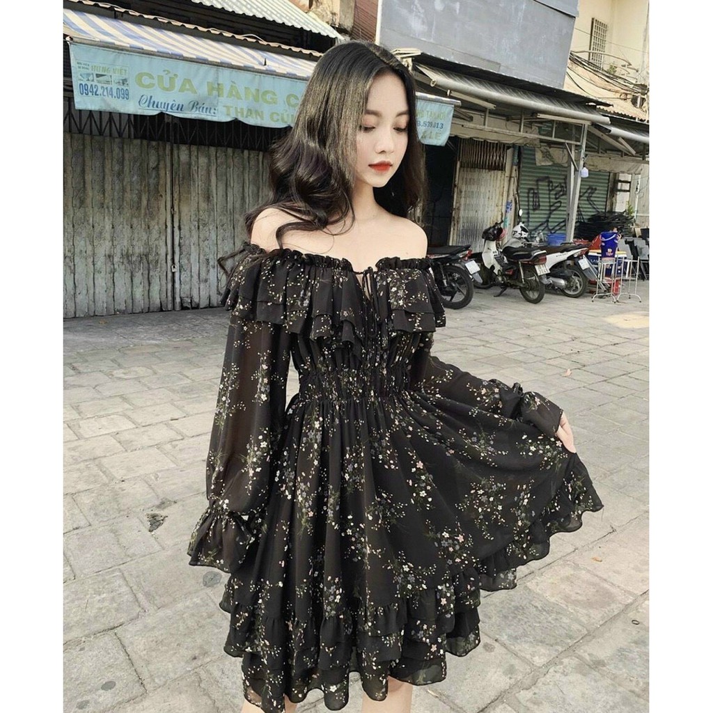 _Đầm Voan hoa nhí bẹt vai bo nhún mang được 2 kiểu xinh xắn tiểu thư PHS1005