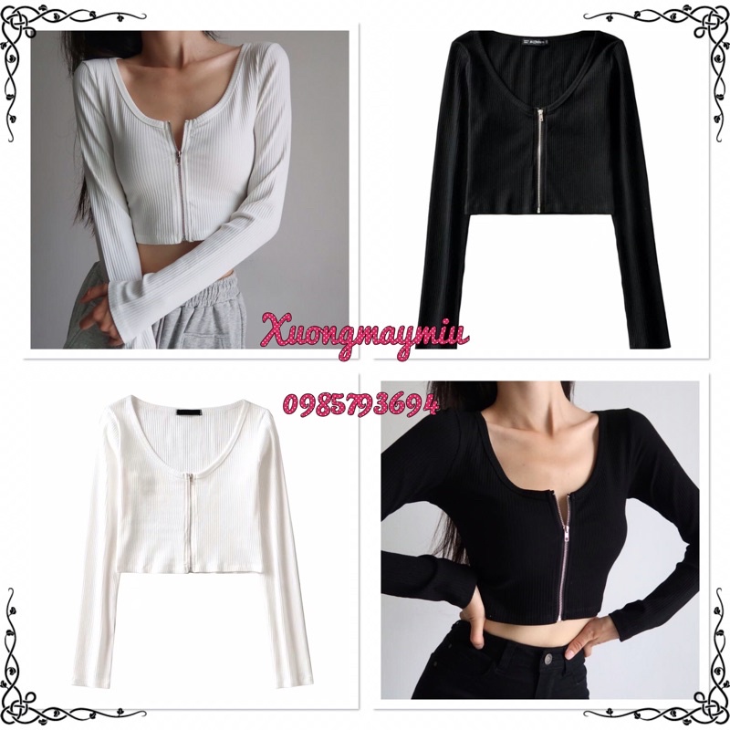 Áo Croptop Tay Dài Trơn Thiết Kế Khóa Kéo Độc Đáo Dành Cho Nữ