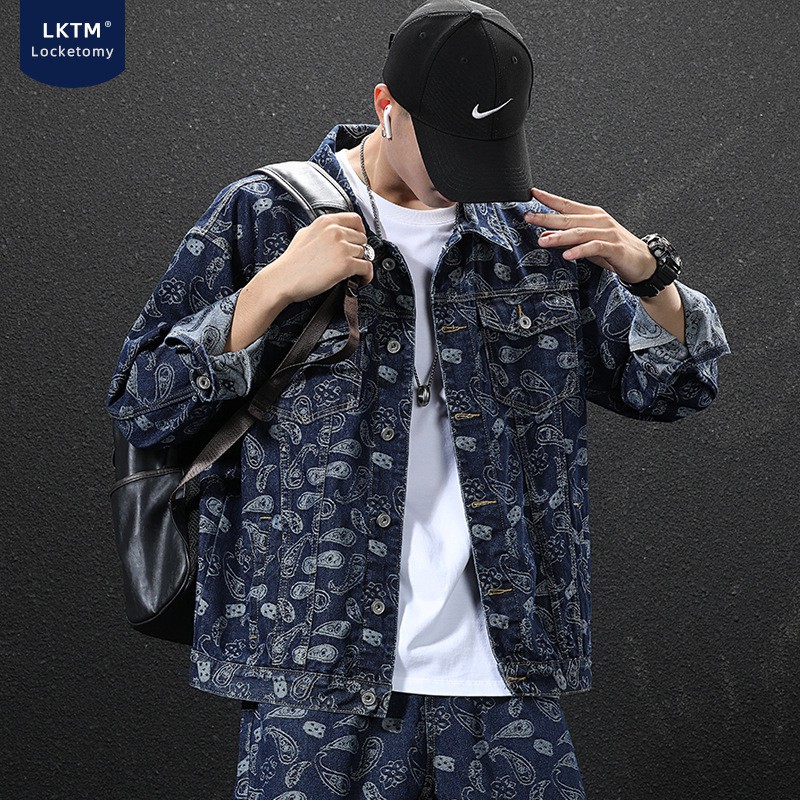 【READY STOCK】 Autumn new product plus size loose denim jacket male Japanese trend casual printing men's jacket