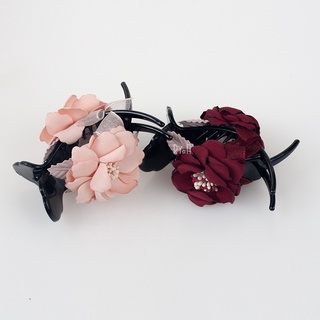 Kẹp tóc càng cua 3 răng dạng dài hoa vải lụa RYA 71410