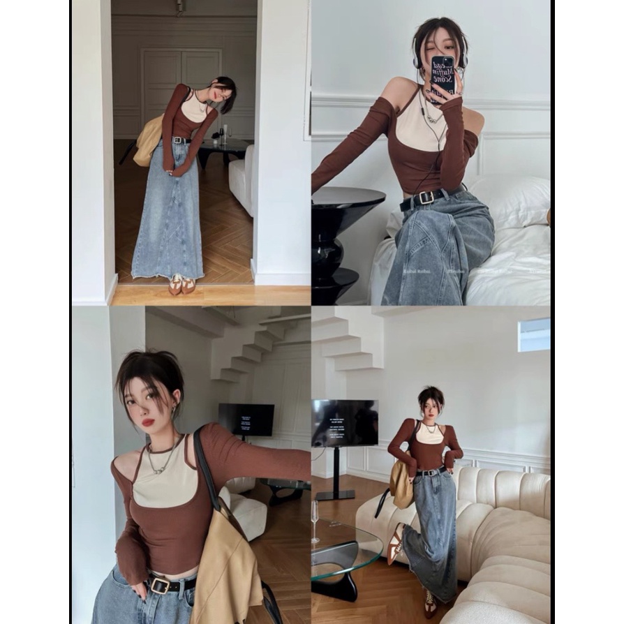 Áo Zip Thun Tăm Khoét Vai Phối Cổ Yếm Tay Dài Vạt Bầu Dáng Croptop Phong Cách Ulzzang - Hanju