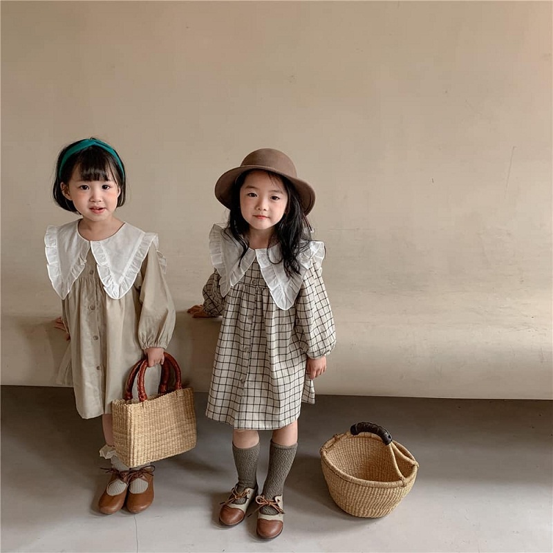 [Ảnh thật] VÁY CỔ BÈO NÚT HÀN QUỐC DÀNH CHO BÉ GÁI SIZE 80 ĐẾN 120