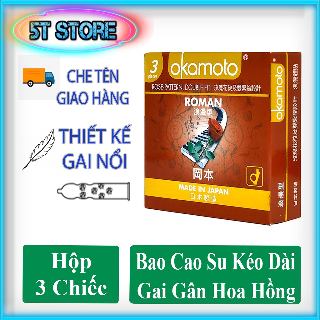 Bao Cao Su Kéo Dài Okamoto Roman - Gân Gai Hoa Hồng - Ôm Khít, Độc Đáo, Mới Lạ - Xuất Xứ Nhật Bản - Hộp 3 Cái