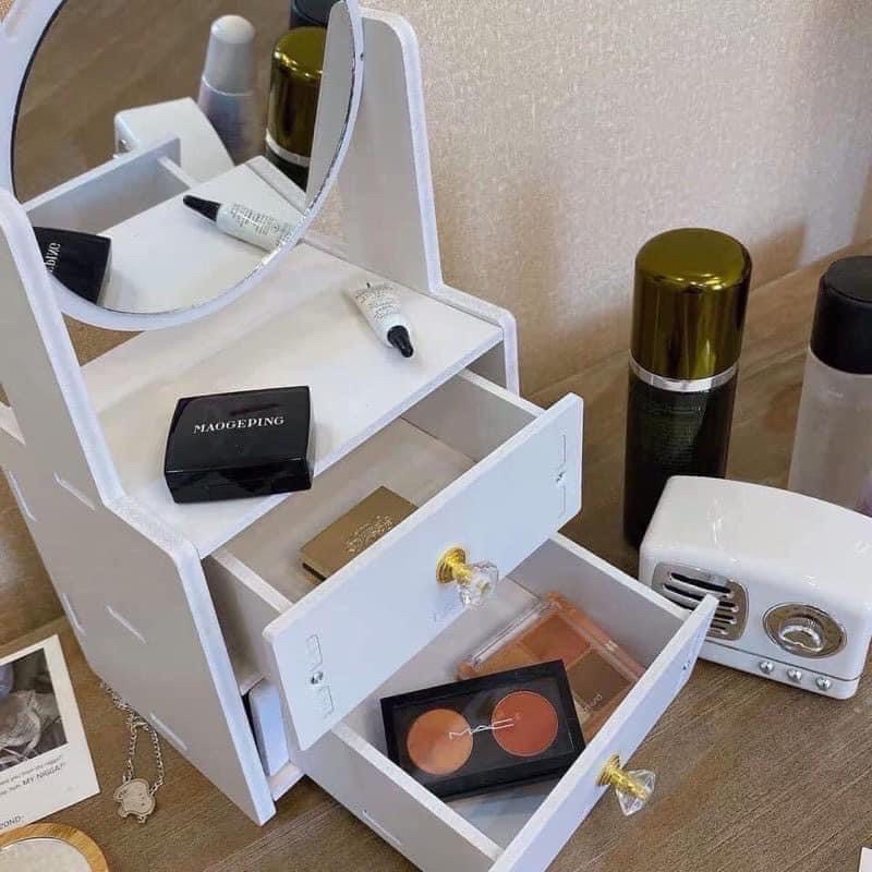 Kệ mỹ phẩm để bàn 2 ngăn có gương hình mèo - Kệ đựng đồ trang điểm trang sức có gương 2 tầng hình tai mèo dễ thương