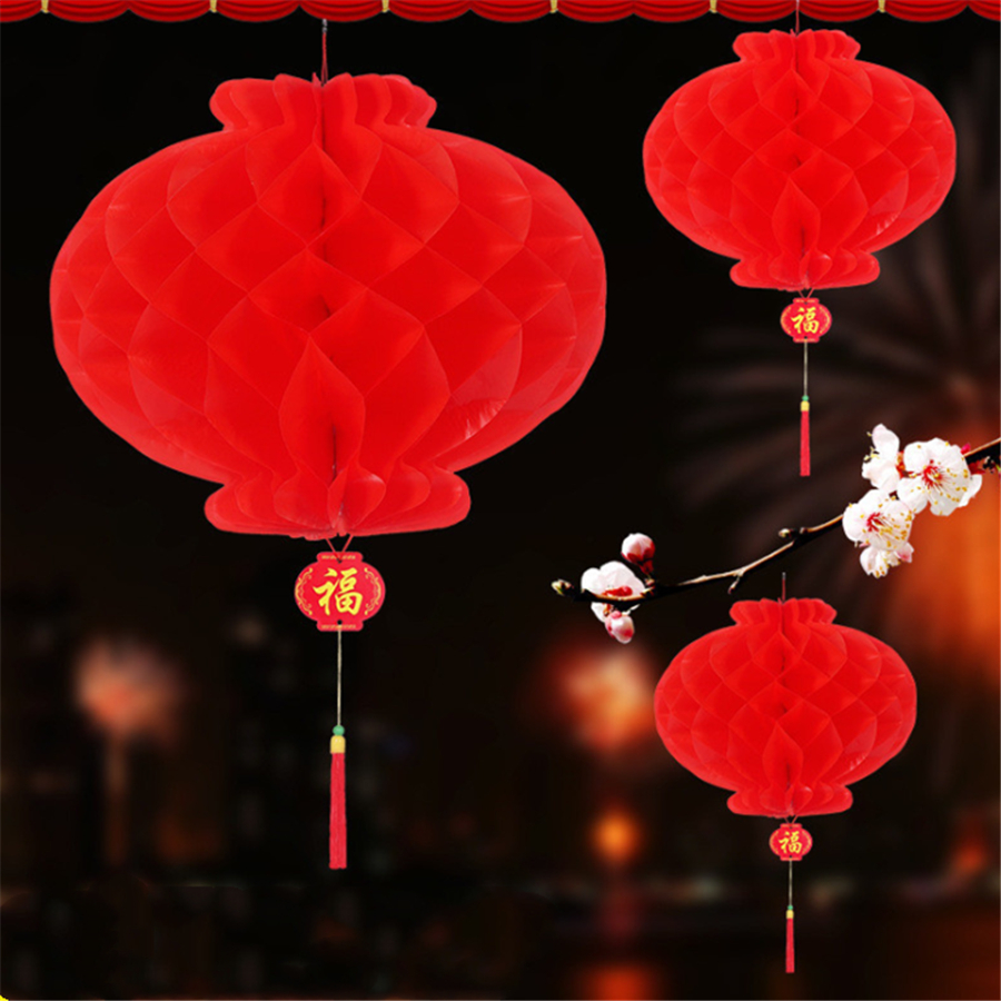 Lồng đèn trang trí DIY dạng tổ ong màu đỏ phong cách Trung Hoa truyền thống chống thấm nước