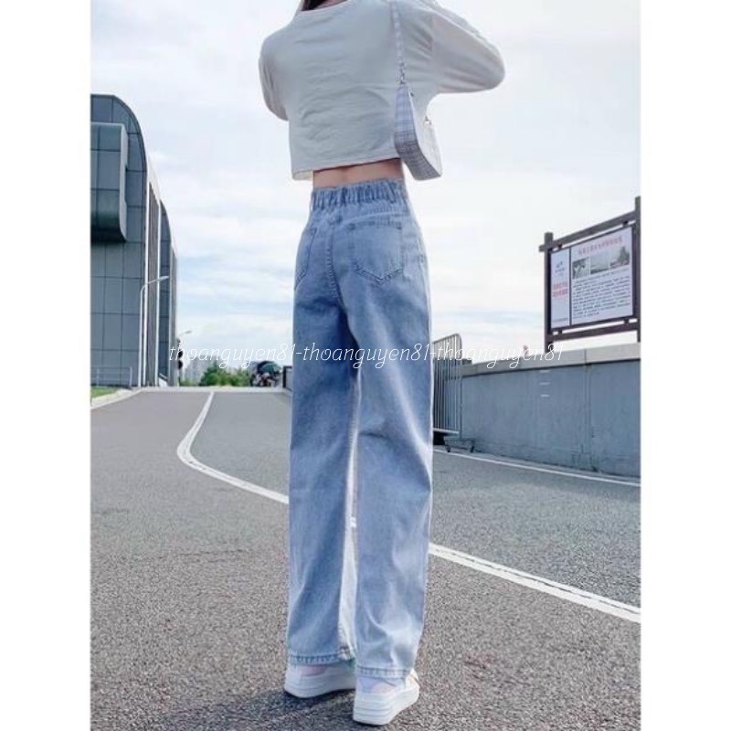 Quần jeans suông ống rộng lưng chun cạp cao dễ mặc 2022