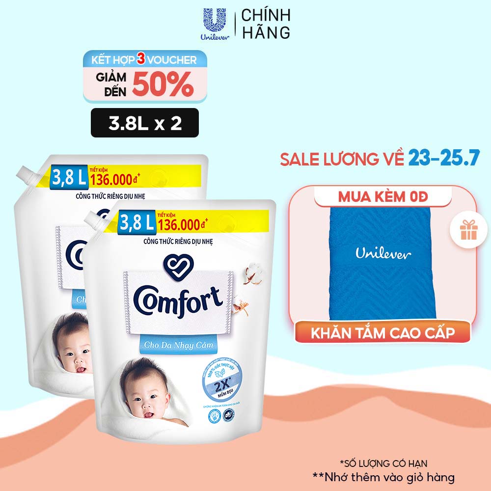Combo 2 Nước xả vải Comfort Cho Da Nhạy Cảm Túi 3.8L - Phù hợp với cả em bé