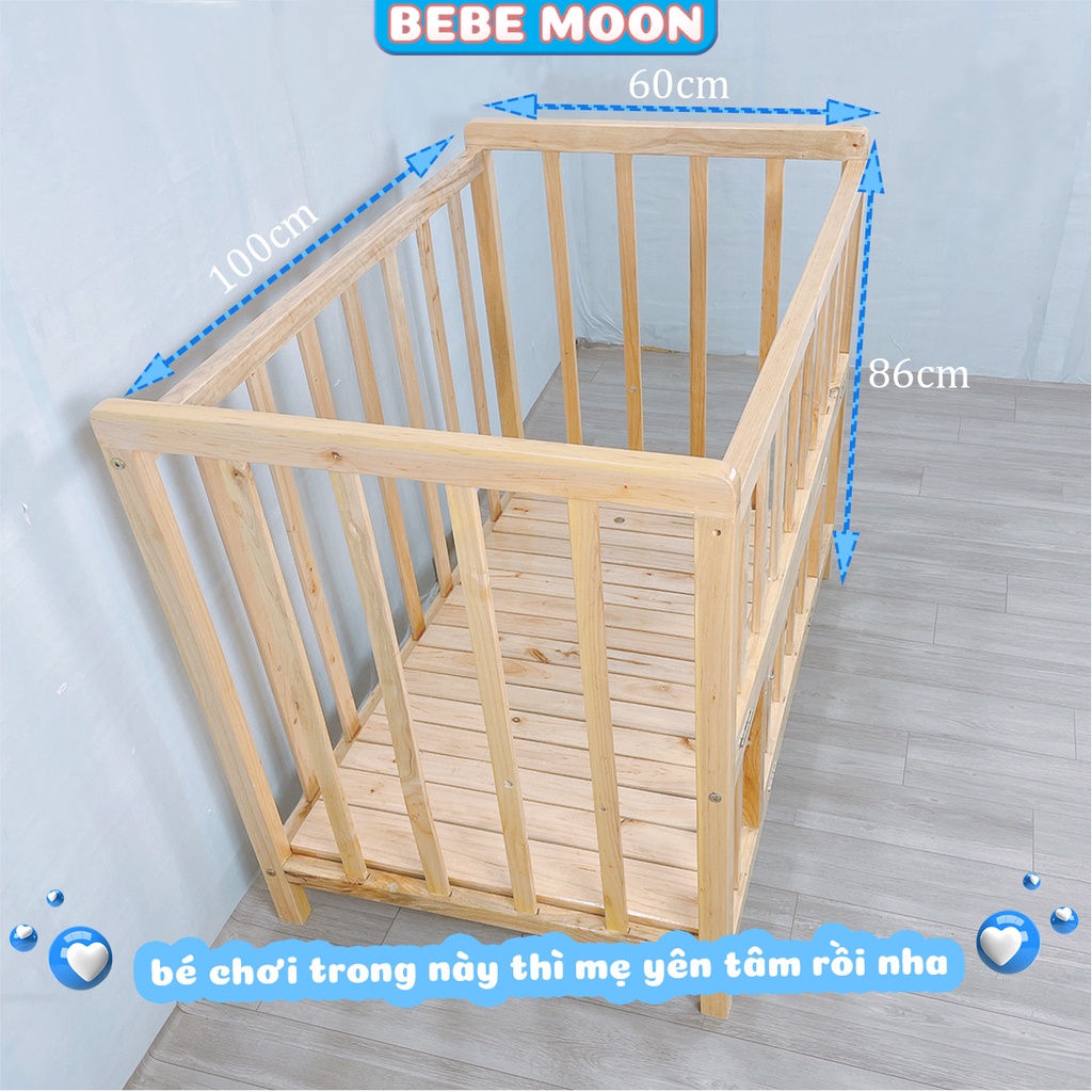 Giường Cũi Cho Bé Có 2 Tầng BeBe Moon - Chất Liệu Gỗ Quế Tự Nhiên Có Giát Để Đồ, Chịu Lực 60kg