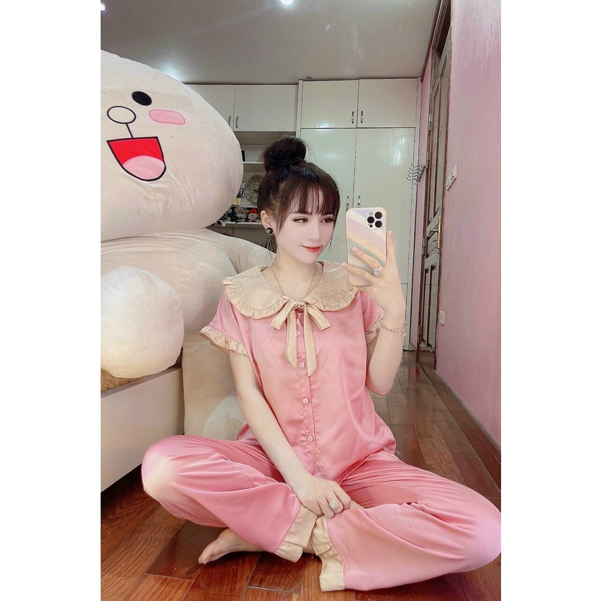 Bộ đồ Pijama lụa mặc nhà họa tiết cộc tay viền bèo