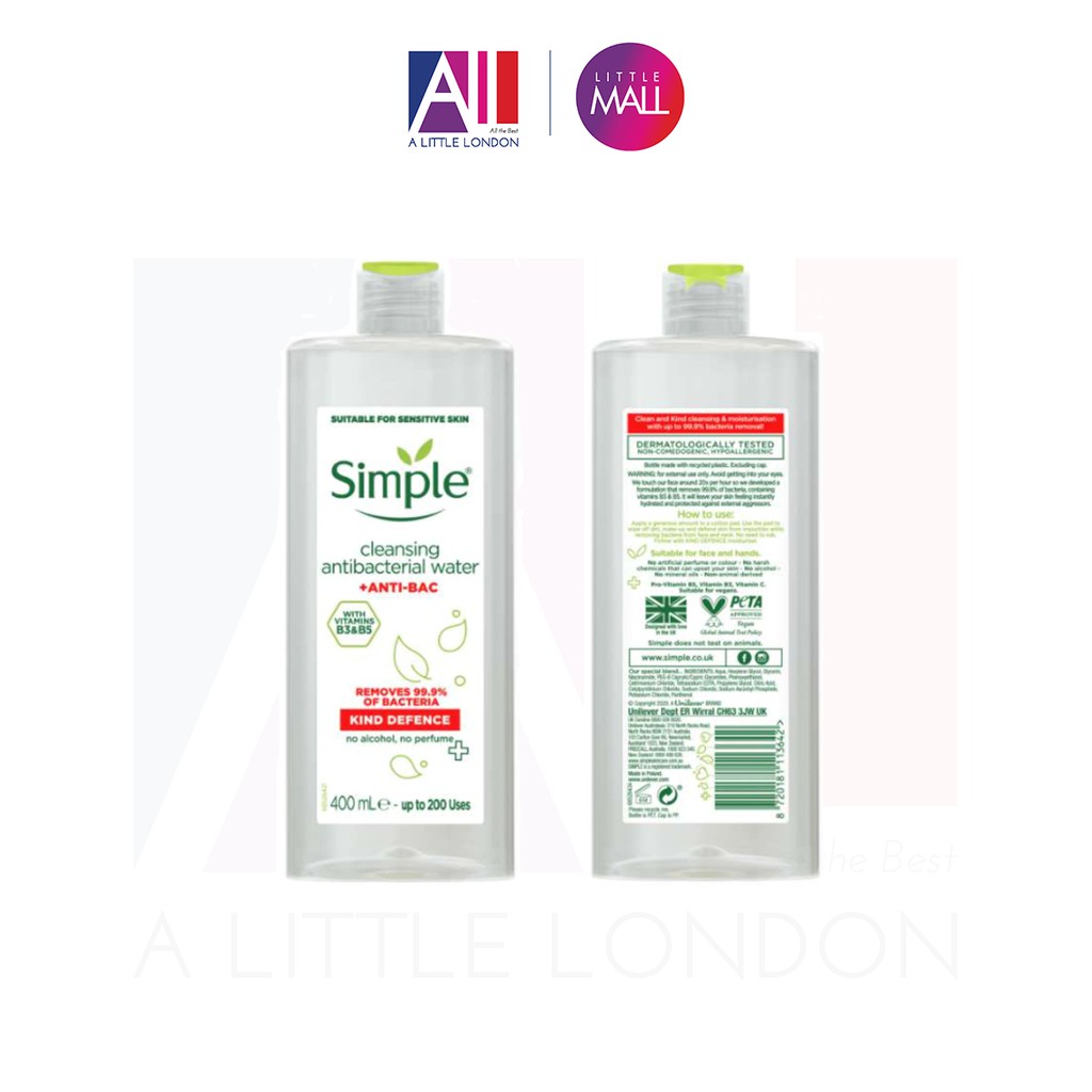 [TOP 1 SHOPEE] Nước tẩy trang Simple Kind Defence Cleansing Antibacterial Water 400ml (Bill Anh)