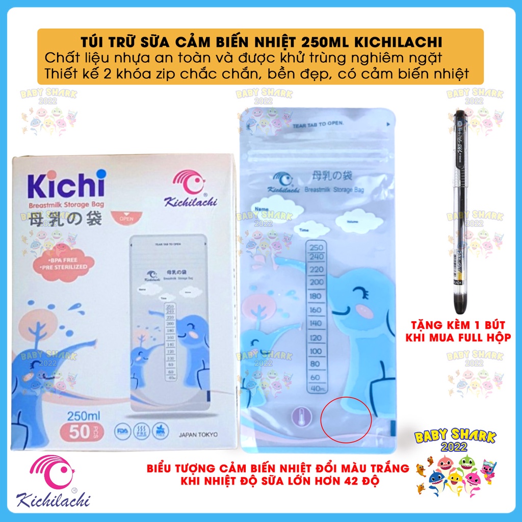 Túi trữ sữa CẢM BIẾN NHIỆT Kichilachi dung tích 250ml 2 khóa ziper chắc chắn hình chú voi (hộp 50 túi)