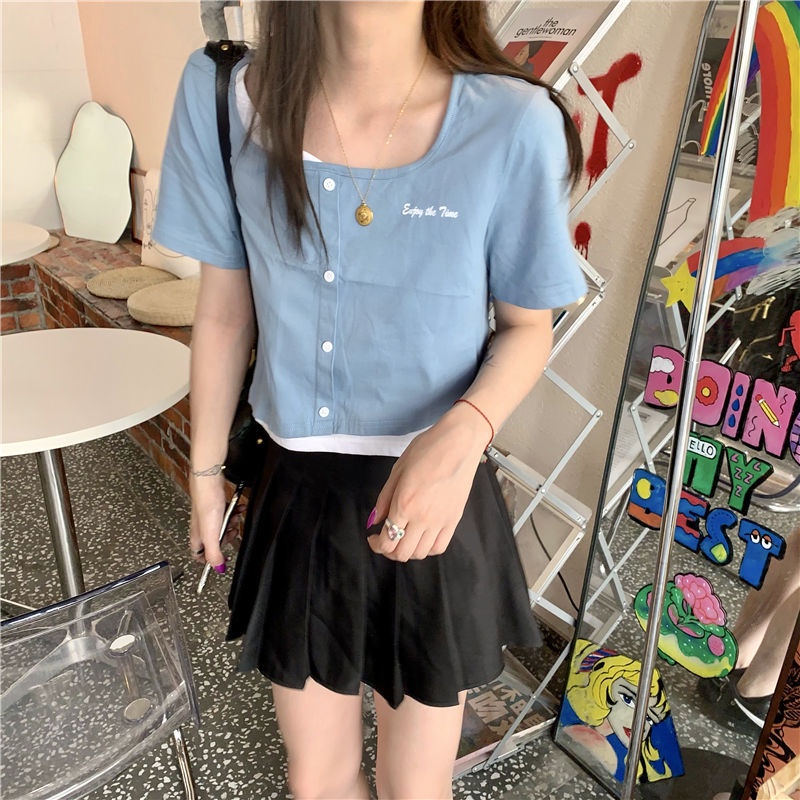 Áo Thun Tay Ngắn Giả Hai Lớp Phong Cách Hàn Quốc 185275 Áo Thun Ngắn Tay Thời Trang Mùa Hè