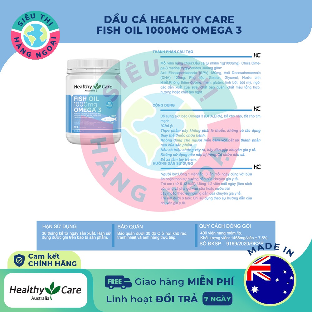 Dầu cá Fish Oil Healthy Care Omega-3 1000mg 400 viên của Úc