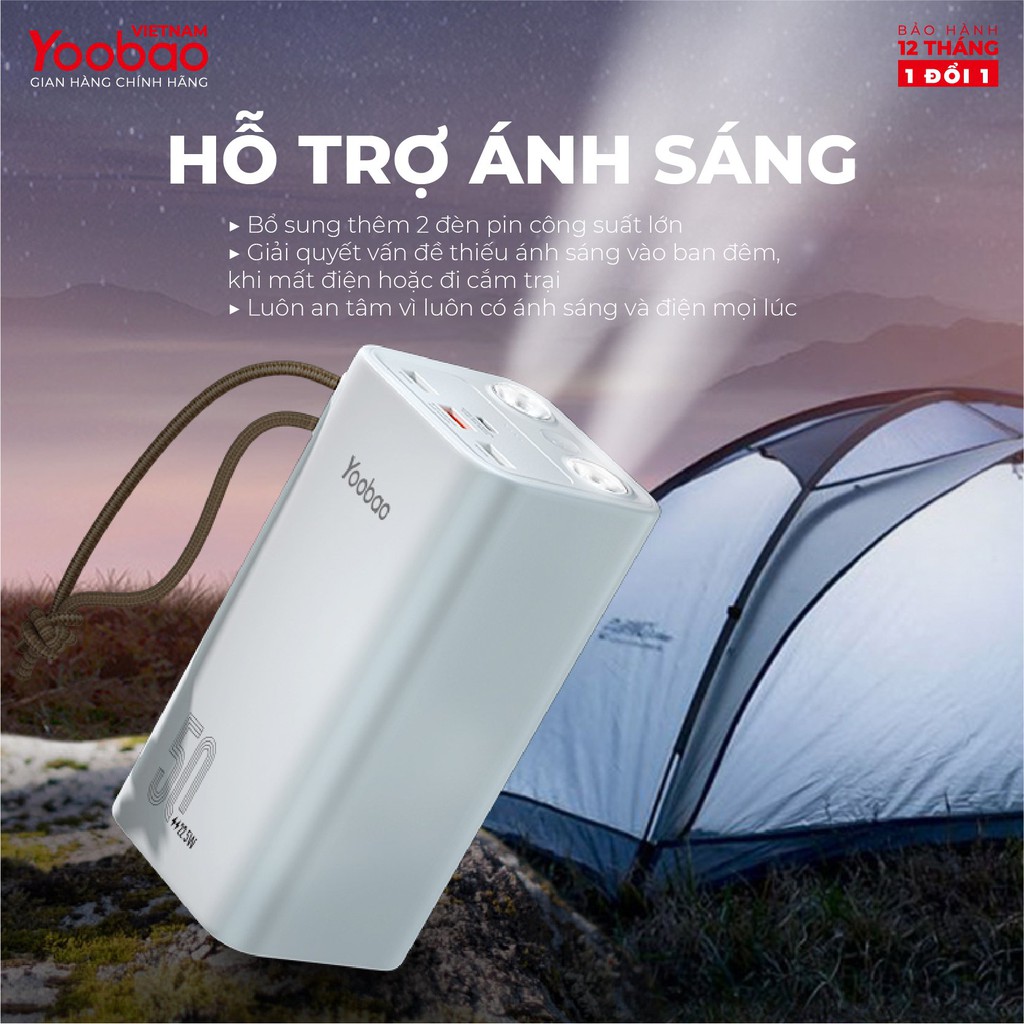 Pin sạc dự phòng YOOBAO H5 dung lượng 50000 mAh, tích hợp đèn pin siêu sáng, hỗ trợ các giao thức sạc nhanh