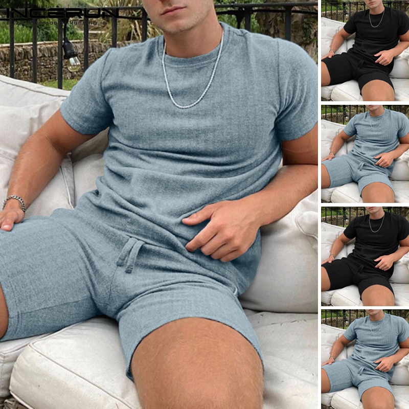 Bộ Quần Short + Áo INCERUN Tay Ngắn Kẻ Sọc Có Dây Rút Thời Trang Mùa Hè Cho Nam