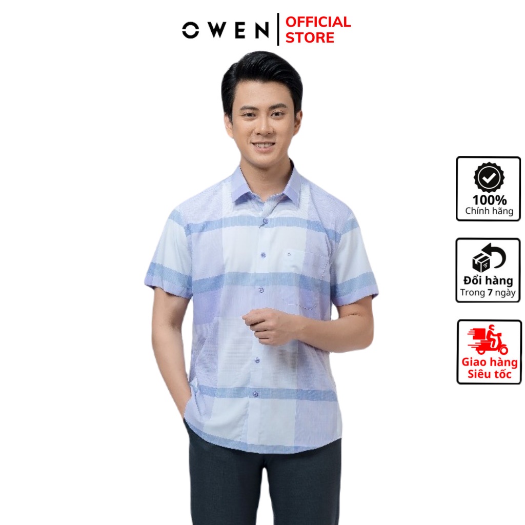 Áo sơ mi nam ngắn tay OWEN AR220015NT somi công sở vải sợi tre cao cấp màu kẻ caro tím trắng dáng suông tà lượn có túi