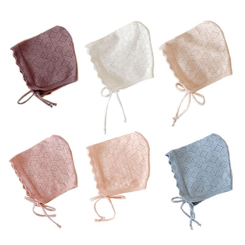 Mũ trùm đầu đan màu trơn phối ren hoa cho trẻ sơ sinh 0-24 tháng tuổi