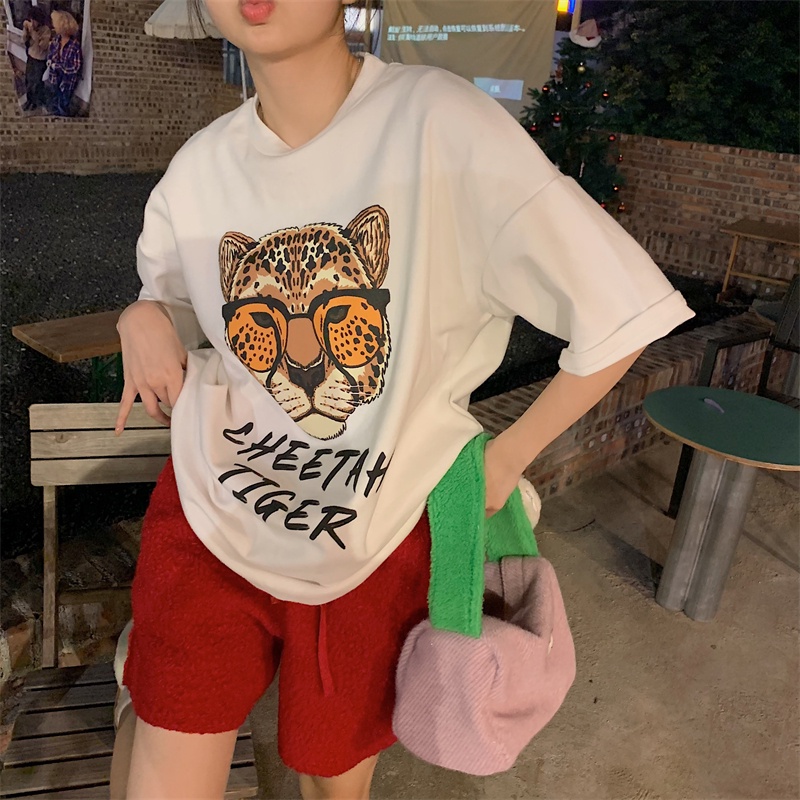 Áo Thun Tay Ngắn Dáng Rộng In Hoạt Hình Đầu Hổ Dễ Thương Cho Nữ