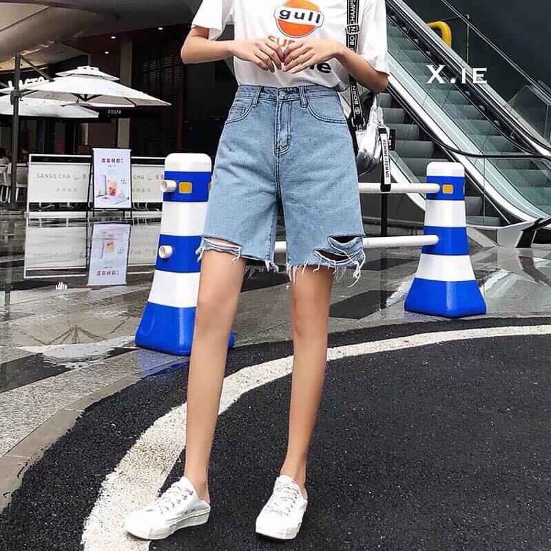 QUẦN SHORT LỬNG JEAN – BÒ NGÓ ĐÙI KIỂU NỮ LƯNG CAO XANH TRƠN BASIC RÁCH BỤI 42