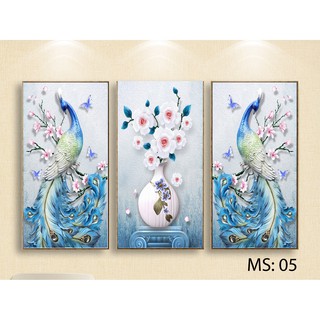 Tranh Treo Tường Hiện Đại - Chất Liệu Decal Bóc Dán Không Thấm Nước -Bộ 3 Bức Chim Công