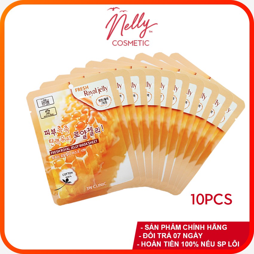 (❤️HOT SALES❤️) COMBO 10 Mặt nạ dưỡng da chiết xuất từ sữa ong chúa 3W CLINIC FRESH ROYAL JELLY MASK SHEET 23ml