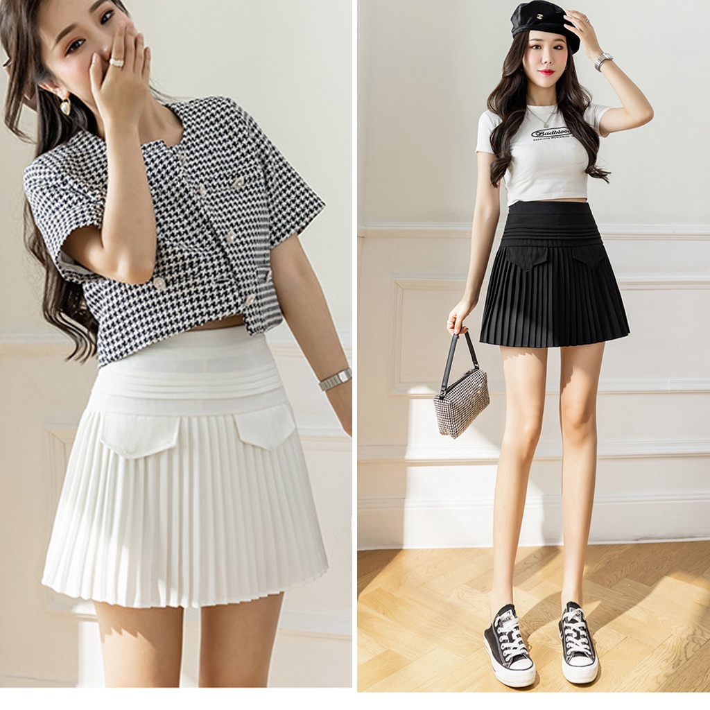 Chân váy ngắn xếp ly chơi goft thời trang giả túi đẹp thời trang màu đen chất siêu mát, co dãn, mầu đen trắng