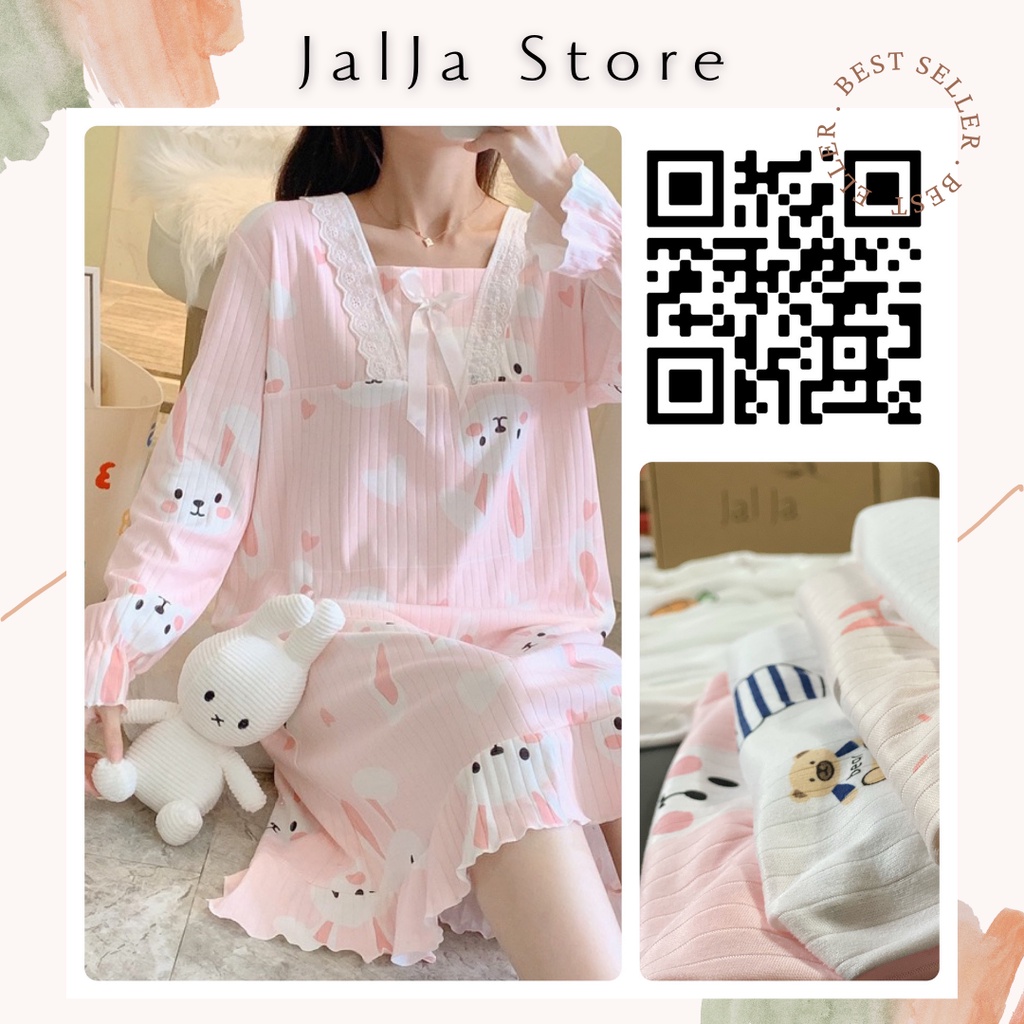 Váy ngủ dài tay thu đông cotton thun tăm đầm ngủ dáng suông đuôi cá phong cách công chúa Hàn Quốc dễ thương JALJA Vay04