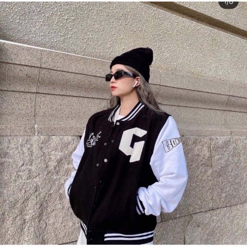 Áo khoác dù bomber nam nữ form rộng cao cấp, áo khoác nhung tăm họa tiết chữ G tweed đẹp phối nỉ gió màu đen K016 | BigBuy360 - bigbuy360.vn