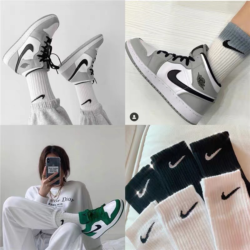Tất Vớ Nike Trắng Đen Thể Thao Cổ Cao Nam Nữ Vải Dệt Kim, Dễ Phối Với Các Loại Giày Thể Thao