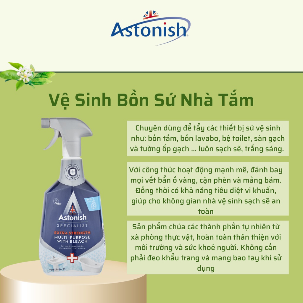 Nước tẩy bồn cầu, bồn tắm, lavabo, bệ toilet, tẩy ố vàng cặn phèn và mảng bám nhà tắm Astonish C6780