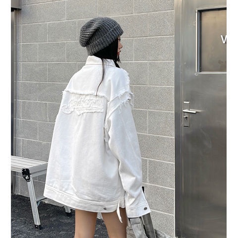 Jiashucheng Áo Khoác Denim Dáng Rộng Màu Trắng Dễ Phối Đồ Thời Trang Cho Cặp Đôi