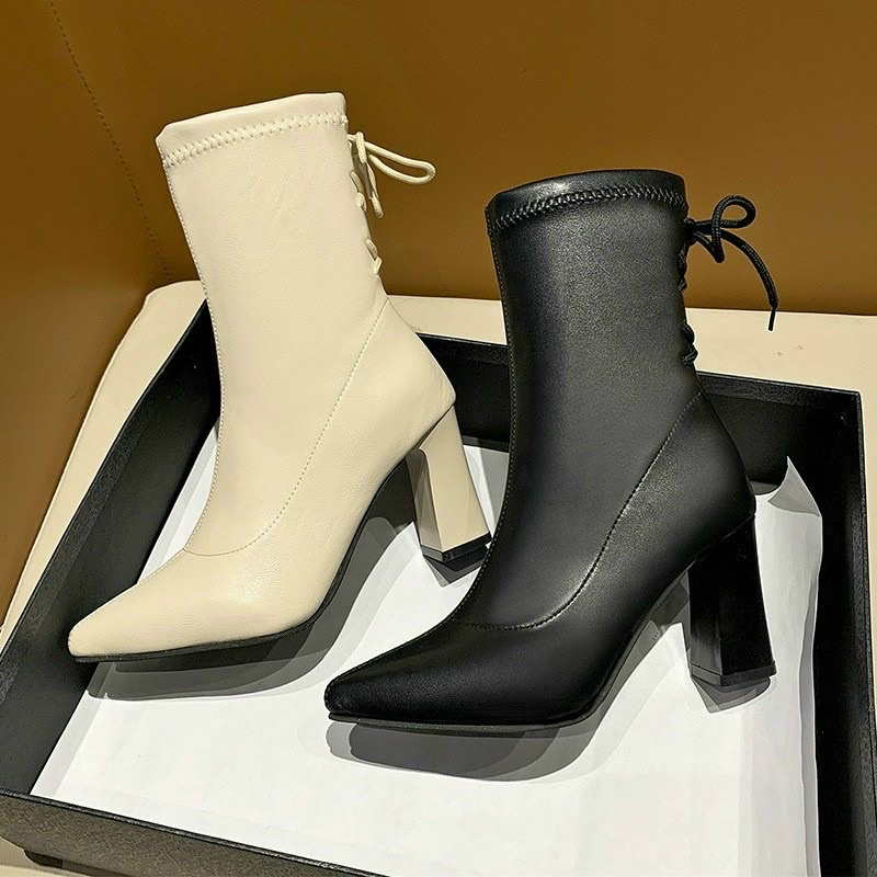BOOT CAO CỔ DA LÌ GÓT 7CM BUỘC DÂY SAU/BỐT NỮ CAO GÓT MŨI NHỌN | BigBuy360 - bigbuy360.vn