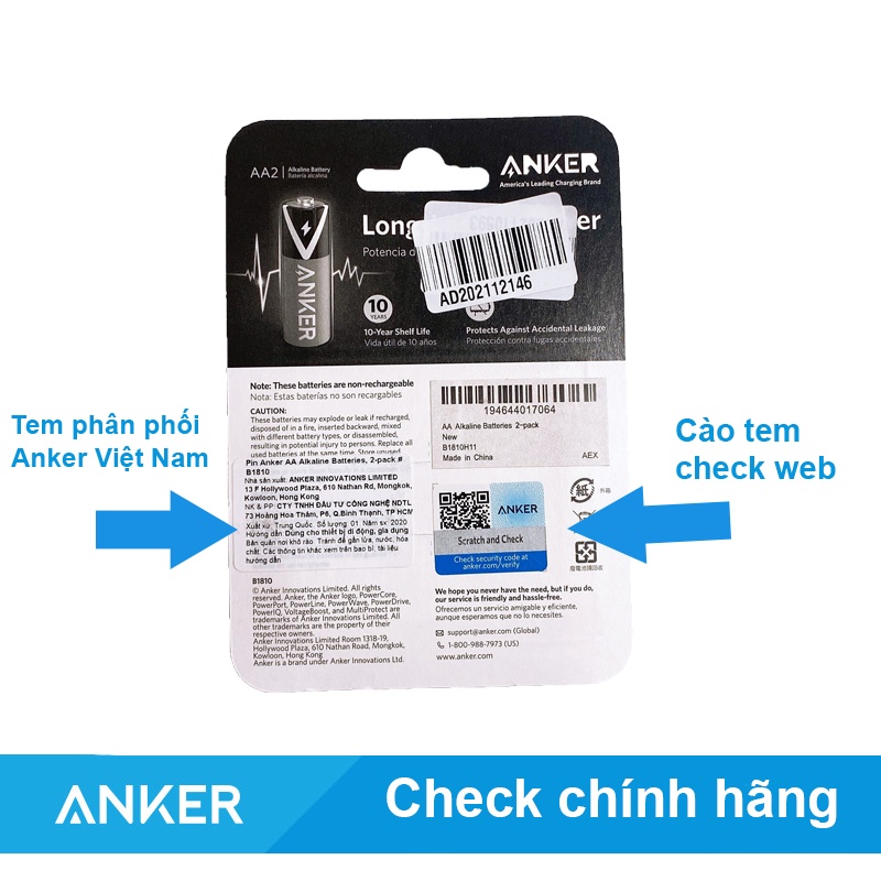 Pin tiểu  AA Anker 1.5V Alkaline thay Pin Điều Khiển Đồ chơi Chuột Bluetooth Bàn Phím Điều Hoà Đồng Hồ -  B1810