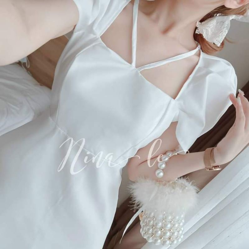 Đầm cổ vuông dây chéo tay phồng