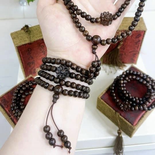 Vòng Tay Trầm Hương Tống Gia 108 Hạt Mix Hoa Sen Siêu Thơm- Chuỗi Vòng Tay Trầm Tốc 108 Hạt Tặng Hộp Gấm