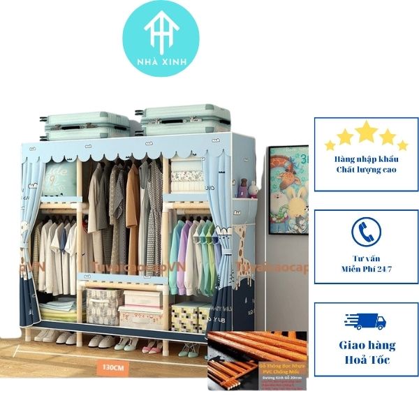 Tủ quần áo vải tủ khung gô 3 buồng loại 1 có bảo hành gỗ bọc nhựa cao cấp màu xanh hươu