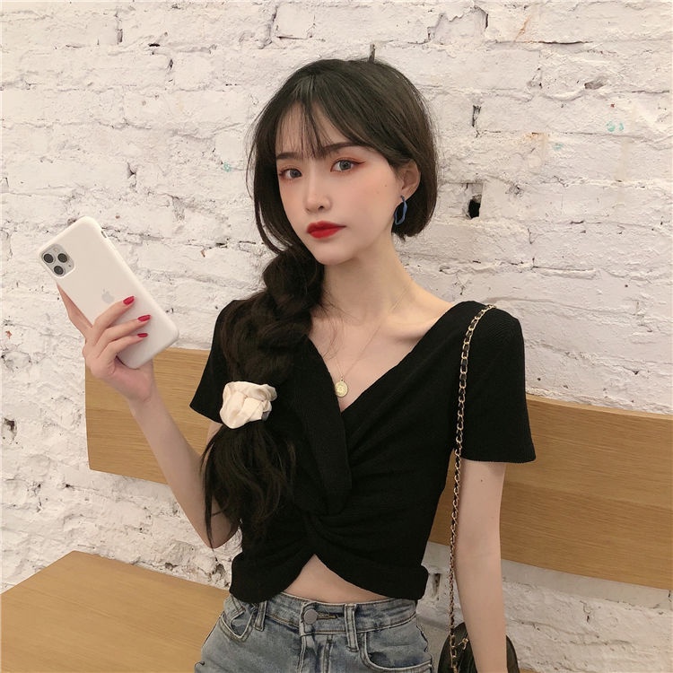 Áo Thun Dệt Kim Tay Ngắn Thiết Kế Đan Chéo Quyến Rũ Thời Trang Mùa Hè Cho Nữ