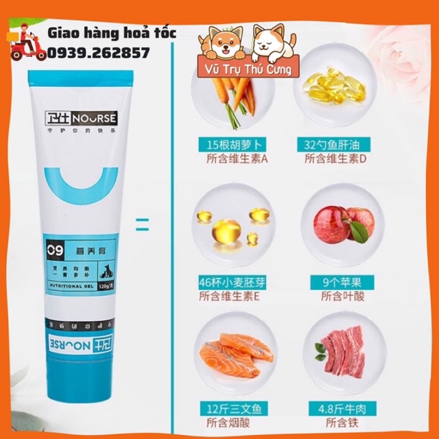 Gel dinh dưỡng cho chó mèo biếng ăn Nourse 09, mượt lông da