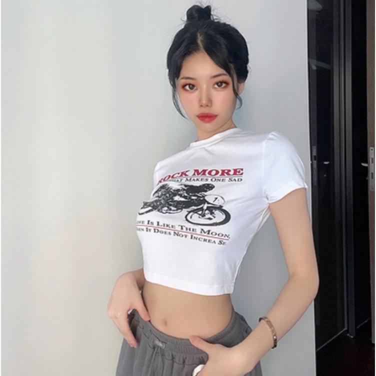 Áo Thun Crop Top Tay Ngắn Dáng Ôm In Họa Tiết Xe Máy Dễ Thương Thời Trang Mùa Hè Cho Bé Gái Y2K