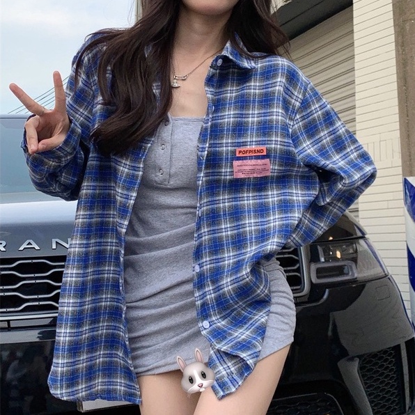 【ZHELIHANGFEI】Áo Sơ Mi Nữ Tay Dài Dáng Rộng Họa Tiết Caro Màu Xanh Dương Dễ Phối Đồ