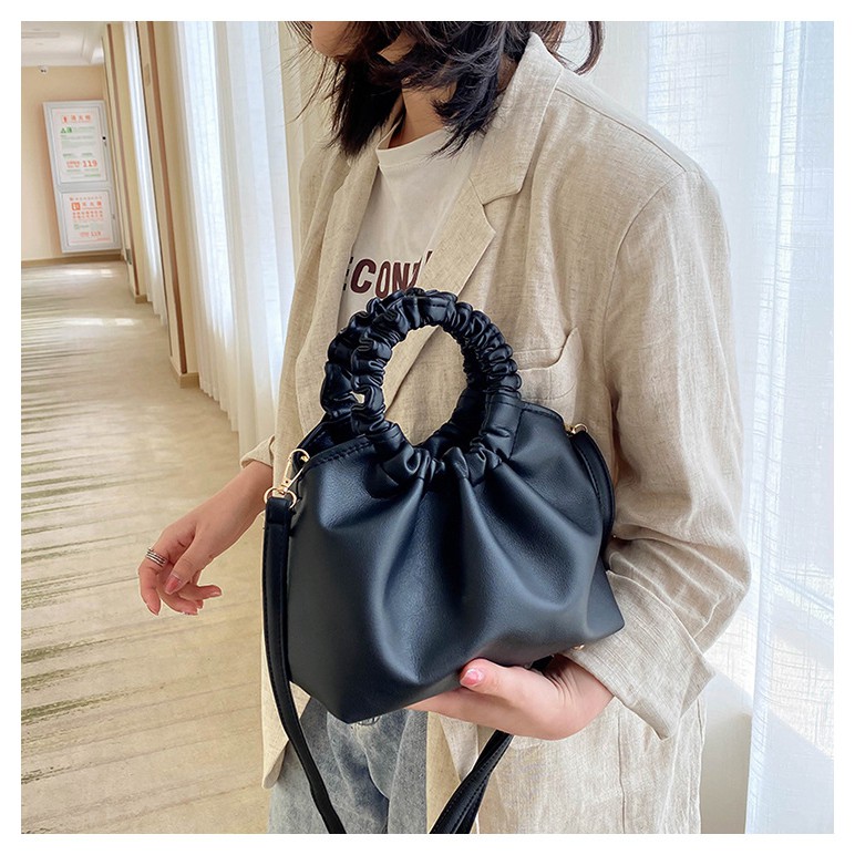 Túi xách nữ da xịn đen trắng Hàn Quốc retro phong cách ulzzang quai tròn cầm tay MINA