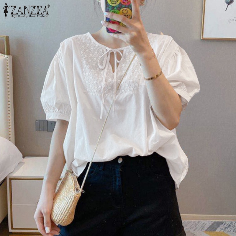 Zanzea Áo Kiểu Nữ Tay Ngắn Cổ Tròn Dáng Rộng Cột Dây Thời Trang