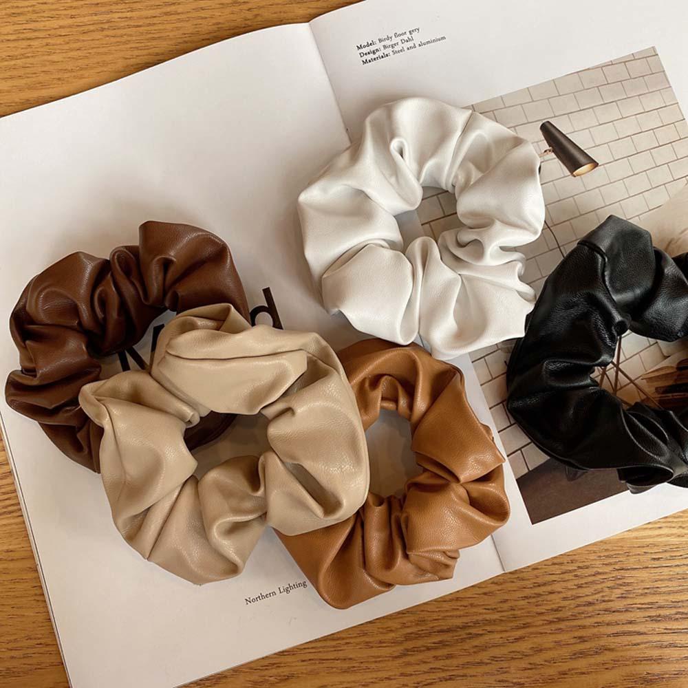 Dây Cột Tóc Scrunchies Bằng PU Màu Trơn Phong Cách Pháp Cổ Điển Thời Trang