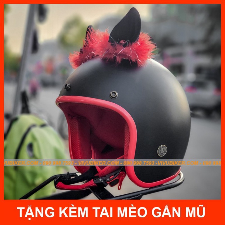 JFHD Mũ bảo hiểm 3/4 kèm tai mèo gắn nón màu đen lót đỏ - Nón bảo hiểm tai thỏ chính hãng bảo hành 12th 25 YC34