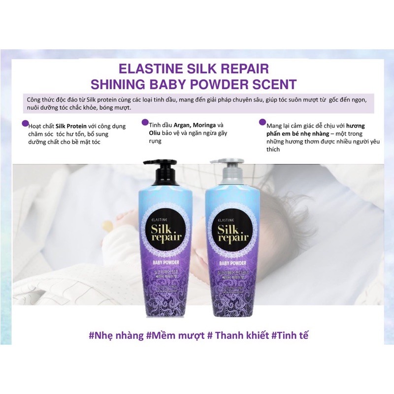 Bộ đôi gội, xả chăm sóc và nuôi dưỡng tóc Elastine Silk Repair 550ml / 1 chai  - Hương Phấn Em Bé