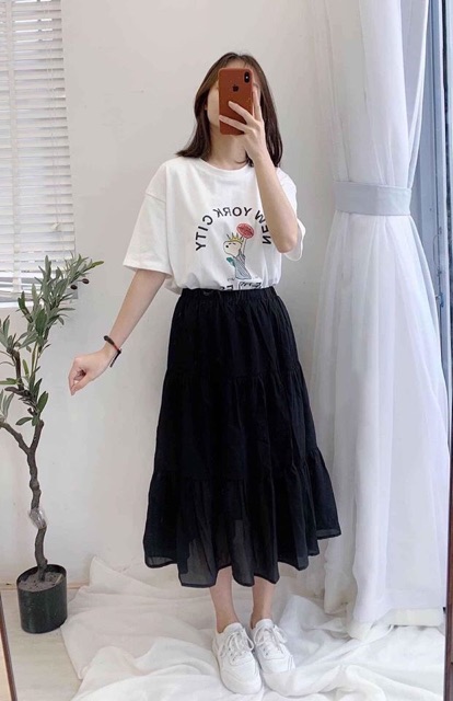 Chân váy voan midi lưng thun siêu dễ thương - A0U | BigBuy360 - bigbuy360.vn