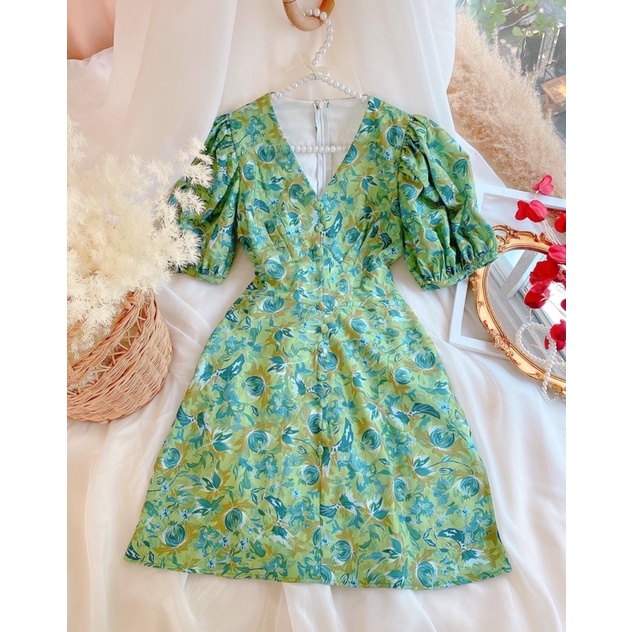 ĐẦM HOA NÚT CỔ TAY PHỒNG