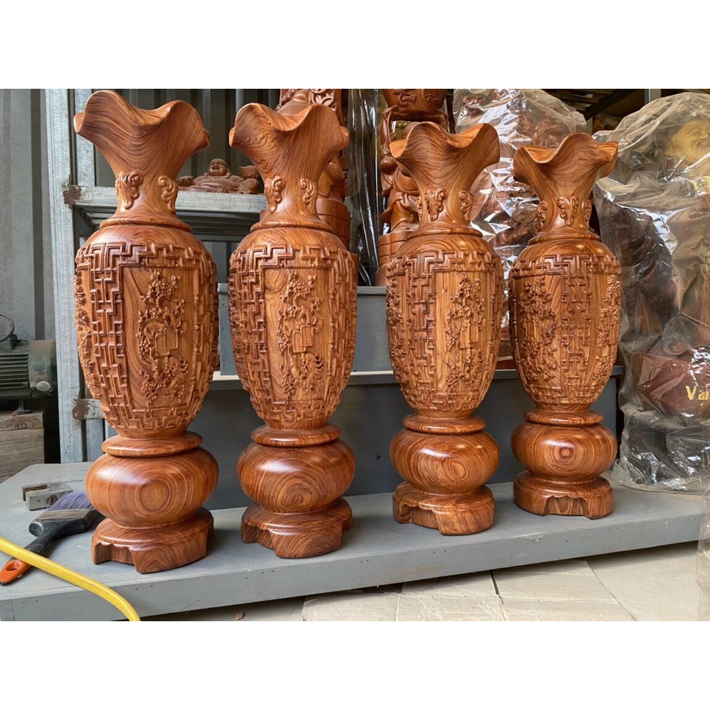 Lục Bình Tứ Quý, Gỗ Hương, Trạm Khắc Tinh Sảo Sắc Nét, KT: Cao30*10