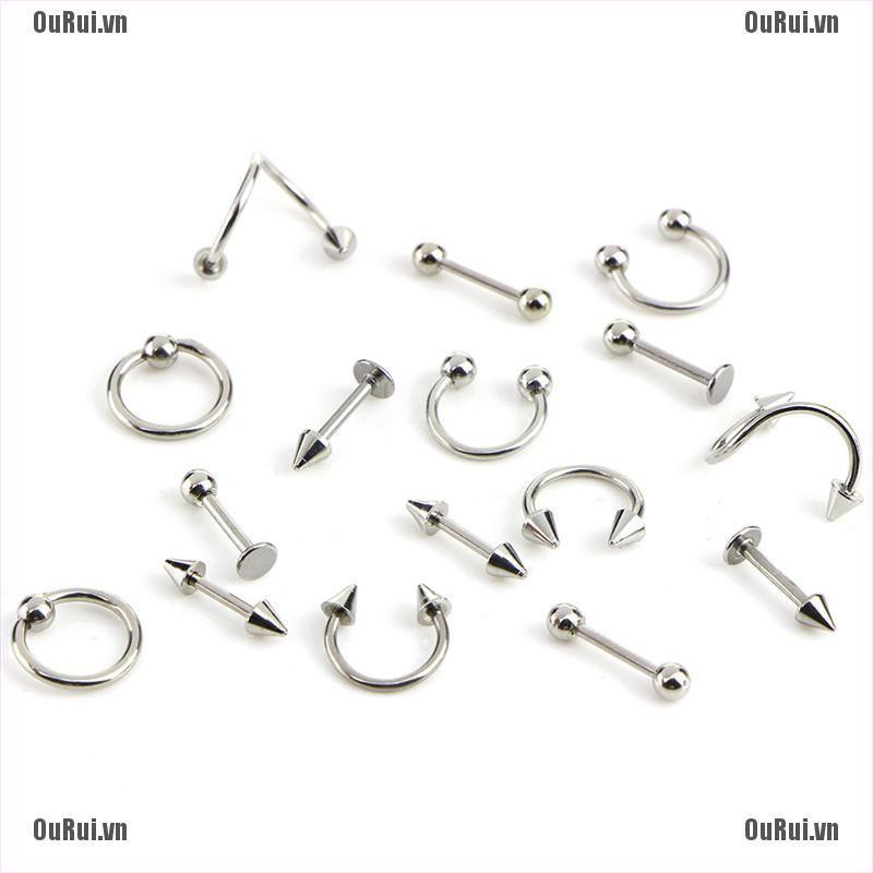 Bộ 16 khuyên xỏ cơ thể thép không gỉ kiểu dáng cá tính